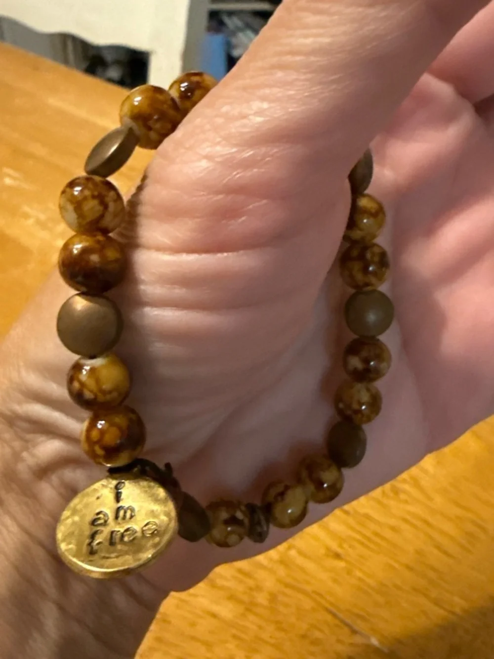 Gold Charm Brown Beaded Stretch Bracelet - Inspirational Message